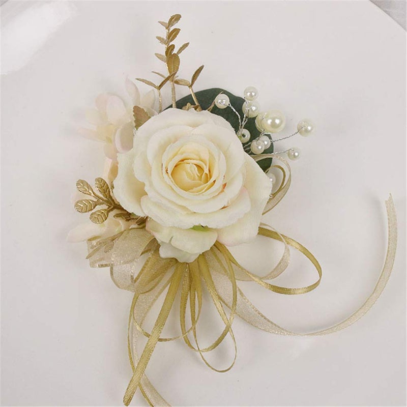 USIX 2pc Pack-Handmade Men's Lapel Pin Champagne Ivory Rose with Gold Leaves Ribbons Artificial Pearls Boutonniere Pin for Suit Wedding Groom Groomsmen Brooch Rose Boutonniere (Boutonniere) - Image 2